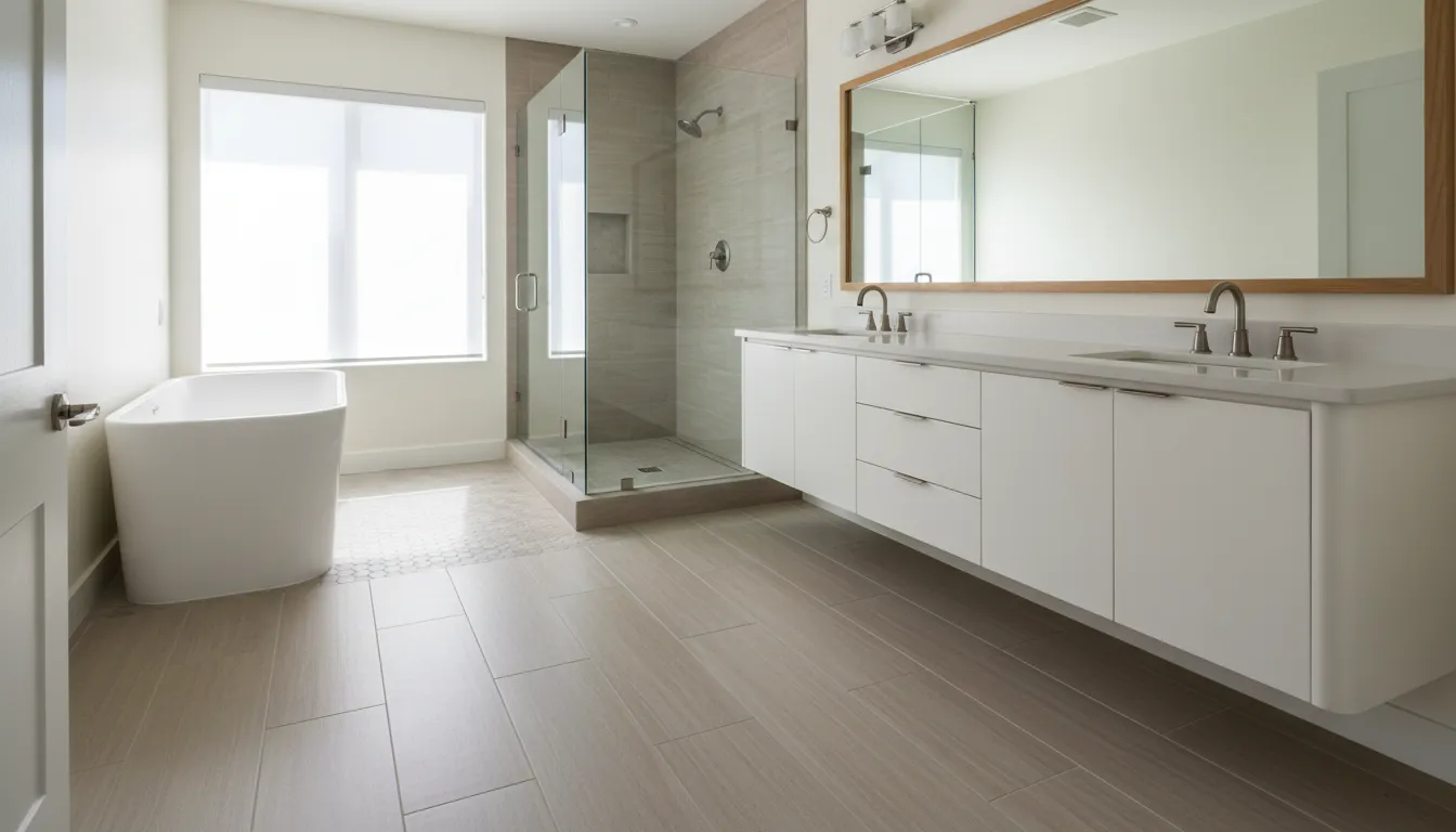 Bathroom floor tile ideas with large porcelain tiles and a hexagon mosaic shower accent
