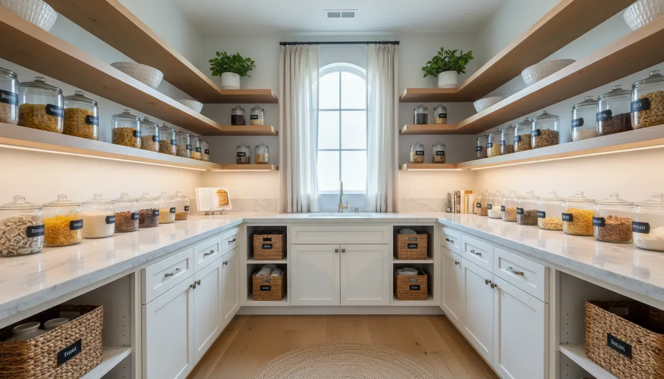 Walk-in kitchen pantry with white cabinets and organized shelving in a San Diego home