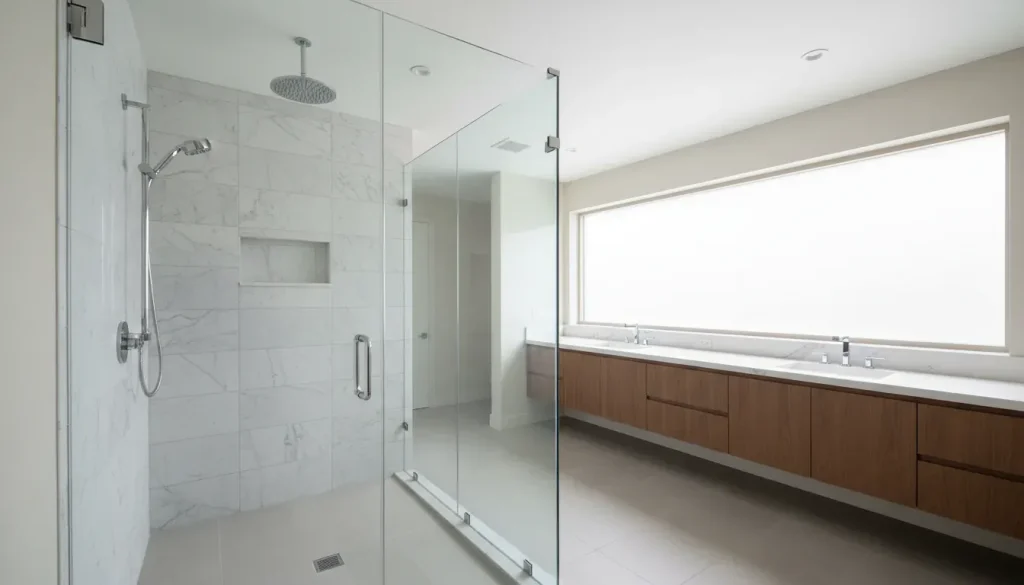 Modern frameless glass shower door in a San Diego bathroom remodel