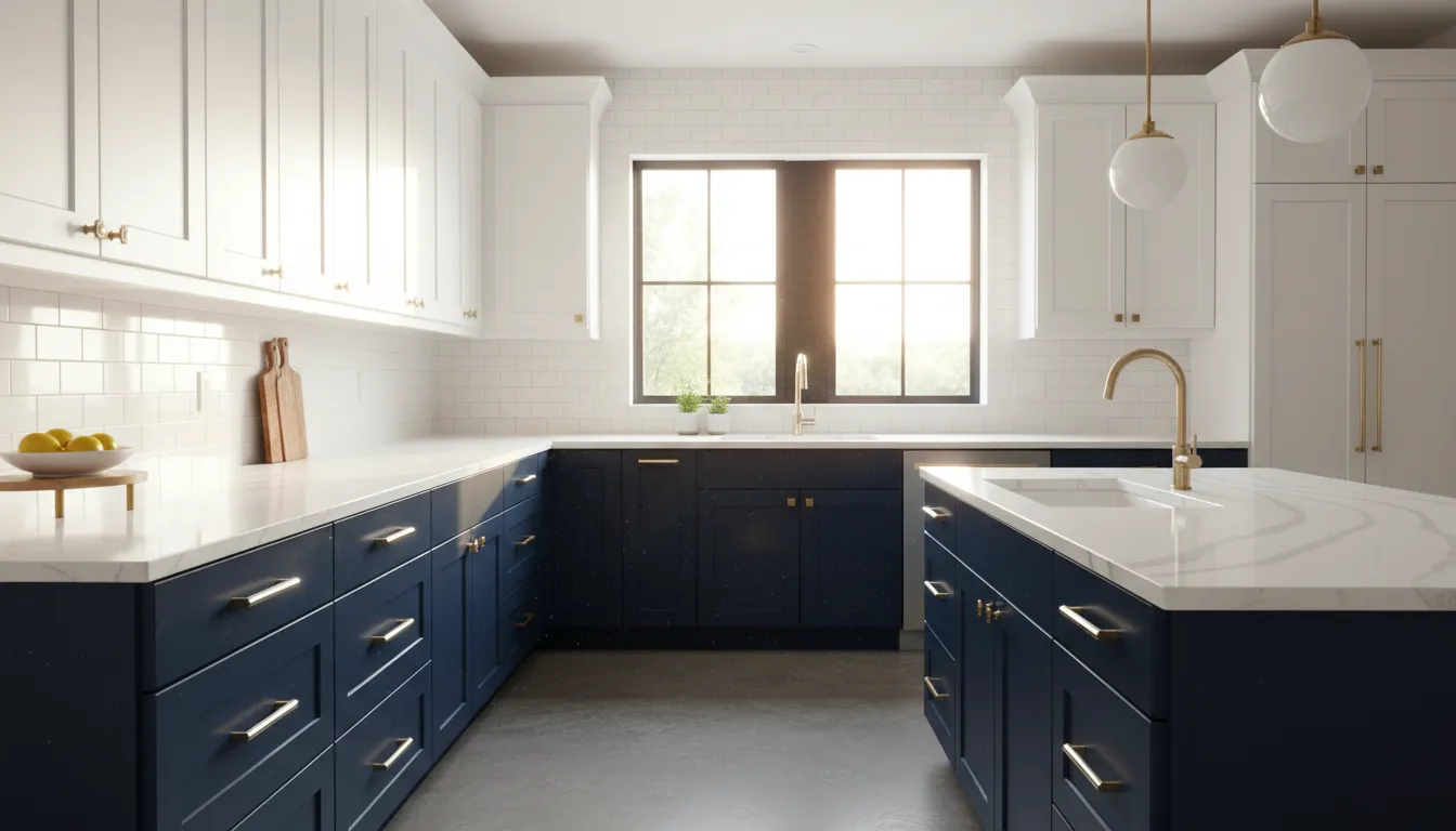 Modern kitchen with two-tone cabinets featuring white uppers and navy blue lower cabinets with quartz countertops