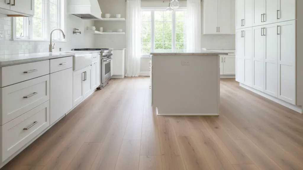 Waterproof LVP flooring installed in a bright modern kitchen and bathroom remodel in San Diego