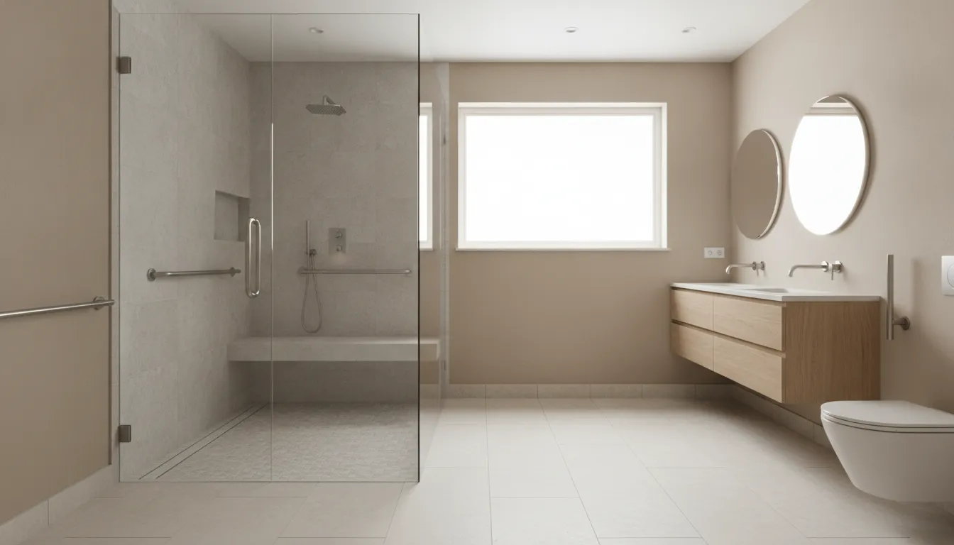 Modern accessible bathroom with a zero-threshold shower and grab bars