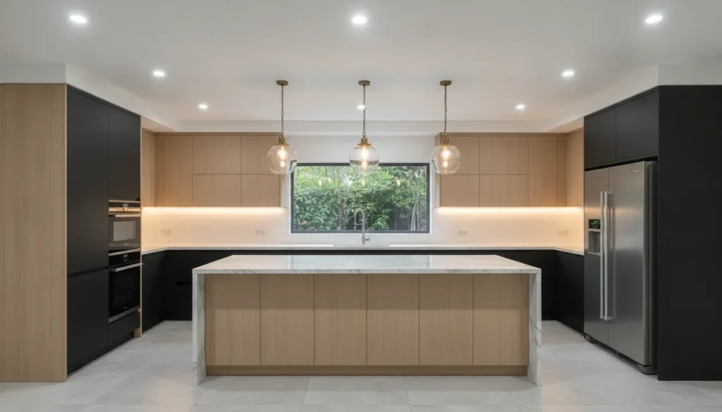 Modern kitchen with pendant, recessed, and under-cabinet lighting