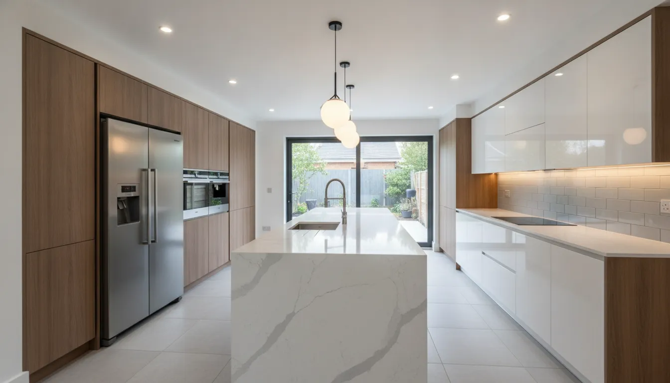 Modern kitchen with pendant, recessed, and under-cabinet lighting