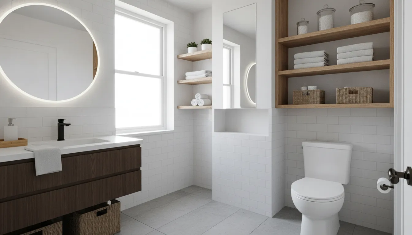 Small bathroom storage ideas with floating shelves and built-in cabinetry
