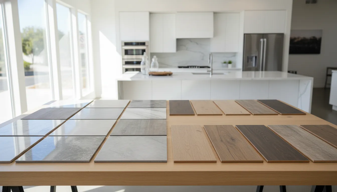 Tile and LVP flooring samples displayed side by side in a remodeling showroom