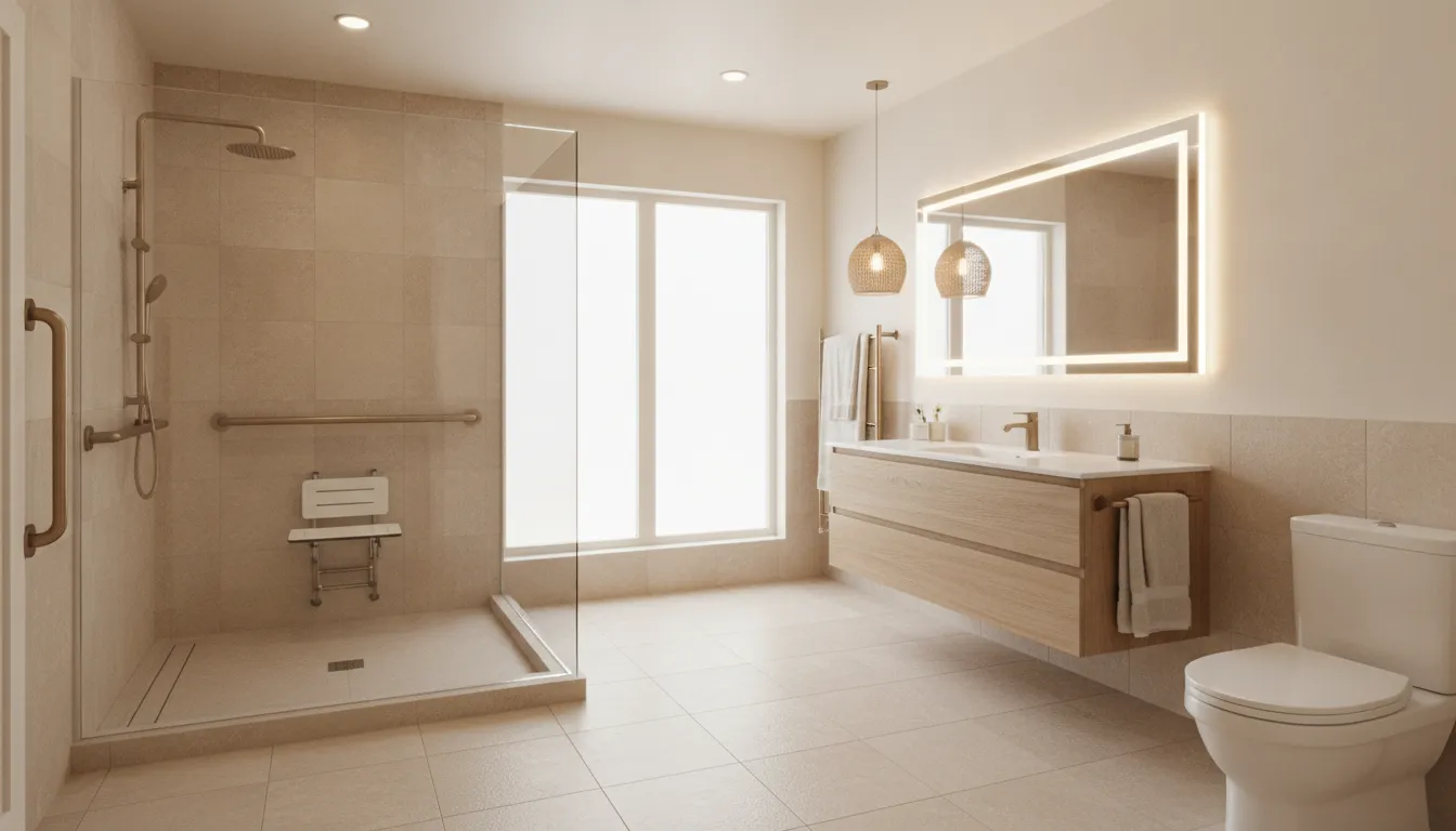 Modern accessible ADA-compliant bathroom with roll-in shower and grab bars