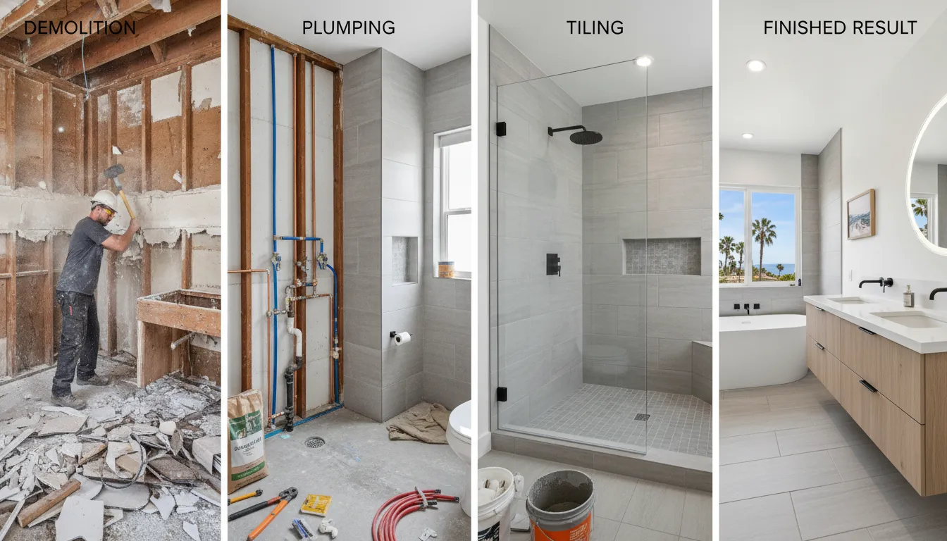Modern bathroom renovation showing construction phases including demo, tiling, and finished tile work