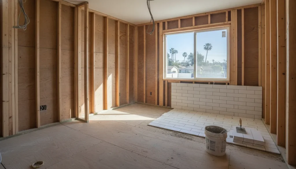 Modern bathroom renovation in progress in a San Diego home with exposed studs and tile work