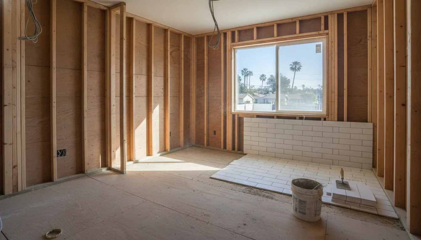 Modern bathroom renovation in progress in a San Diego home with exposed studs and tile work