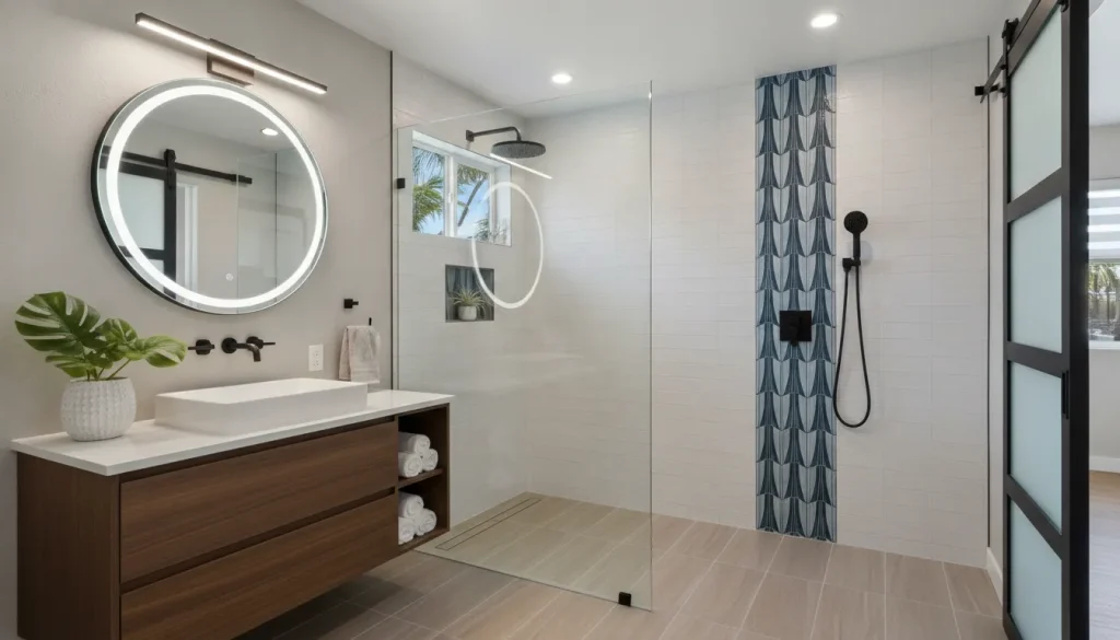 Modern bathroom remodel in progress with tile installation and fixtures