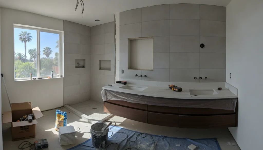 Modern bathroom renovation in progress with tile work and vanity installation