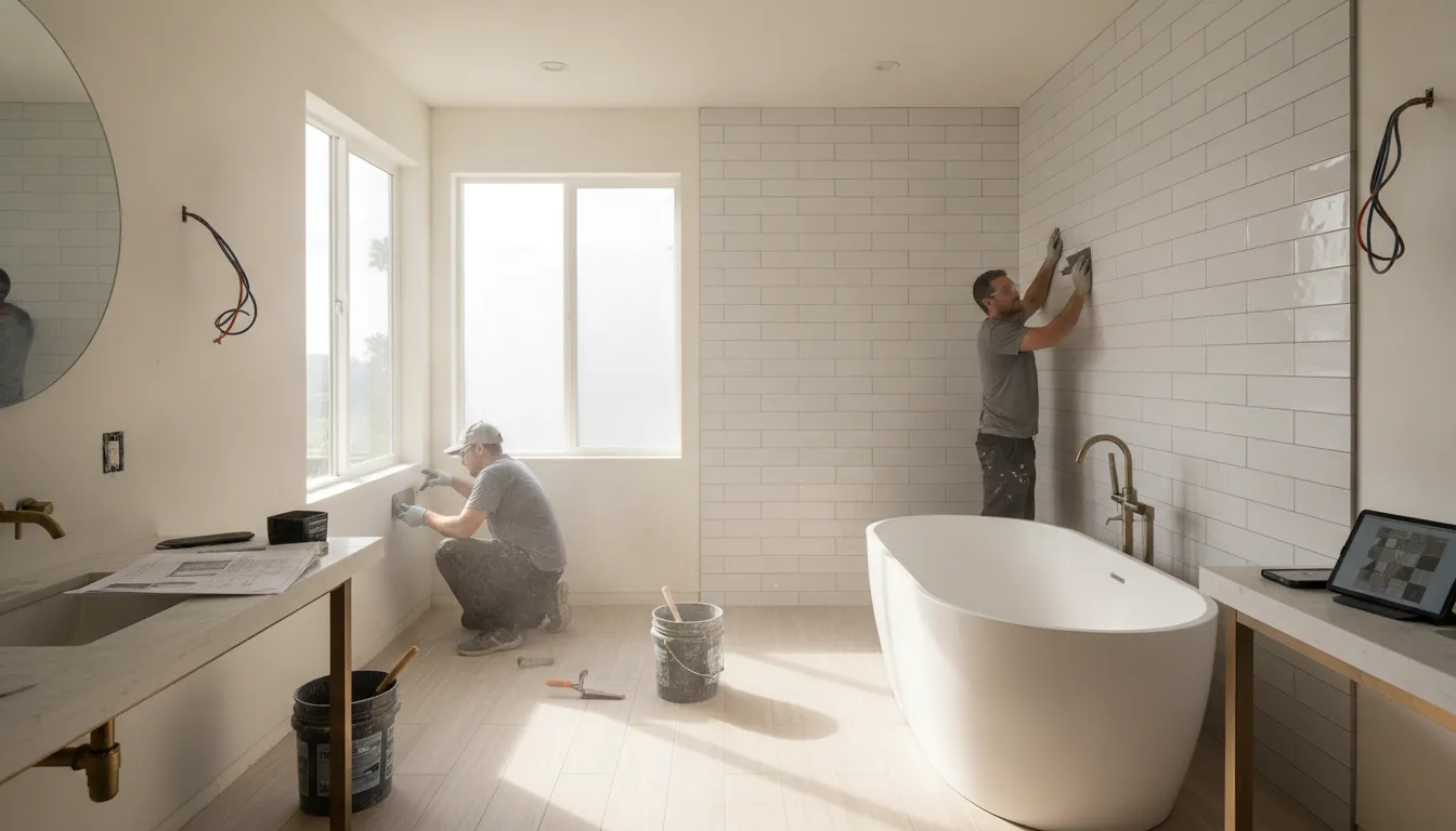 Modern bathroom renovation with tile installation in progress