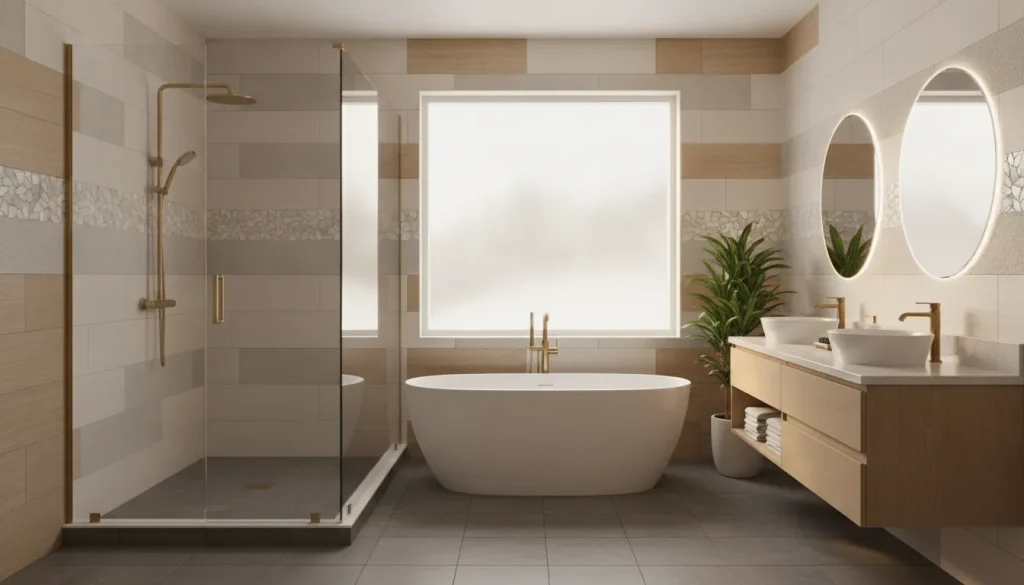 Modern bathroom with elegant ceramic wall tile, glass-enclosed shower, and mosaic accent strip in San Diego