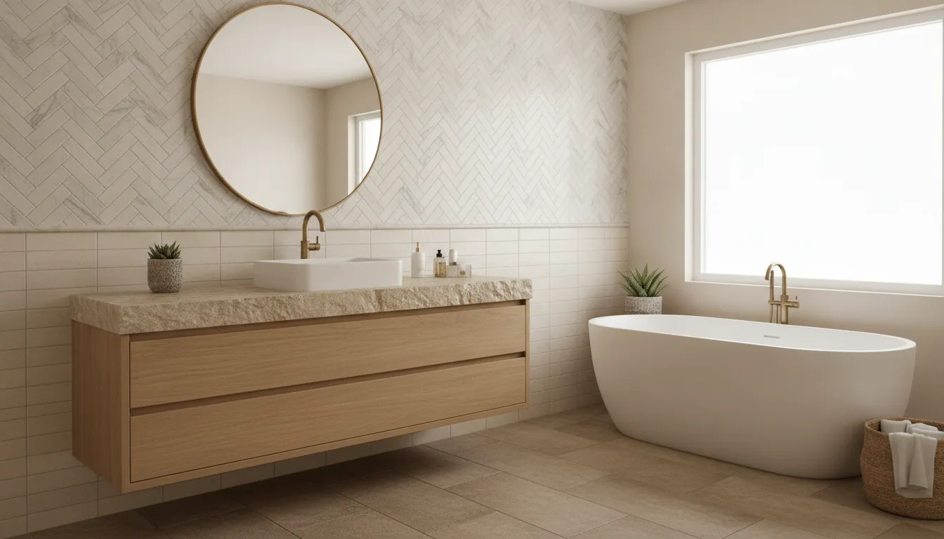 Modern bathroom with patterned wall tiles in herringbone and subway tile combination