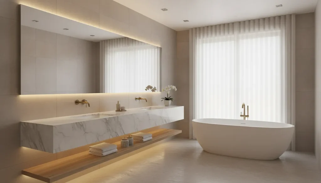 Modern bathroom with elegant stone countertop featuring neutral tones and contemporary design