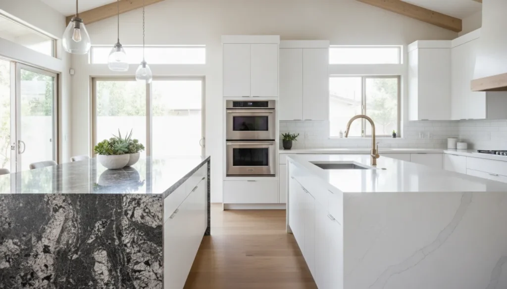 Modern kitchen with granite and quartz countertops side by side in a bright San Diego style kitchen remodel