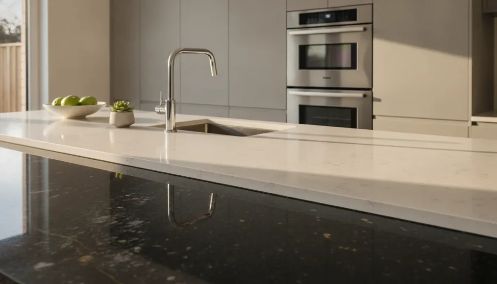 Modern kitchen countertop comparing polished dark granite and sleek engineered quartz side by side