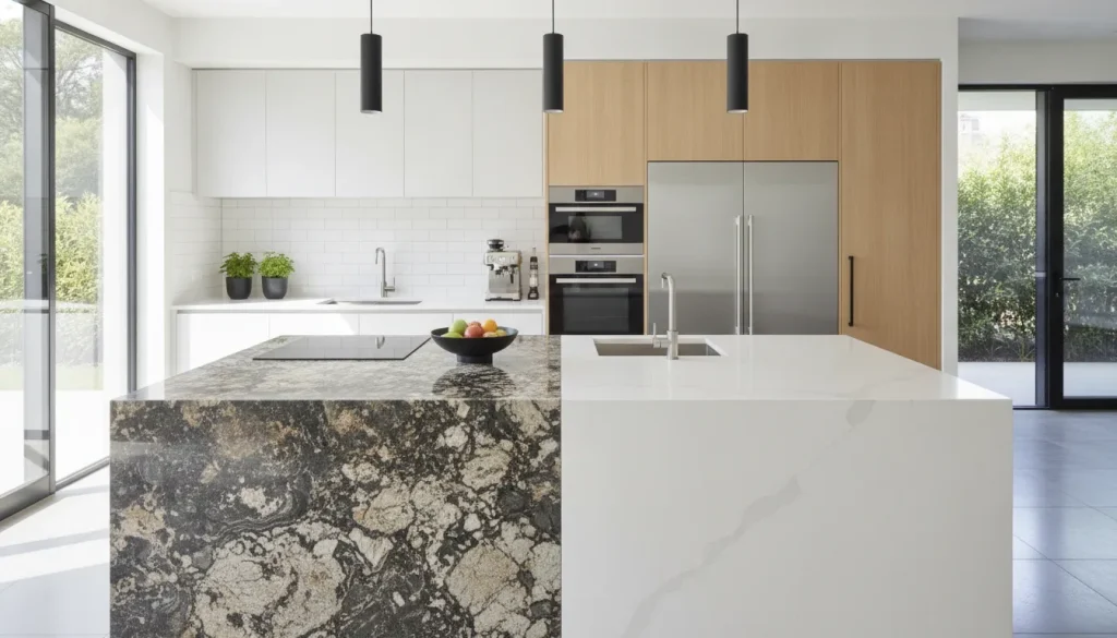 Modern kitchen with both granite and quartz countertop samples displayed for comparison