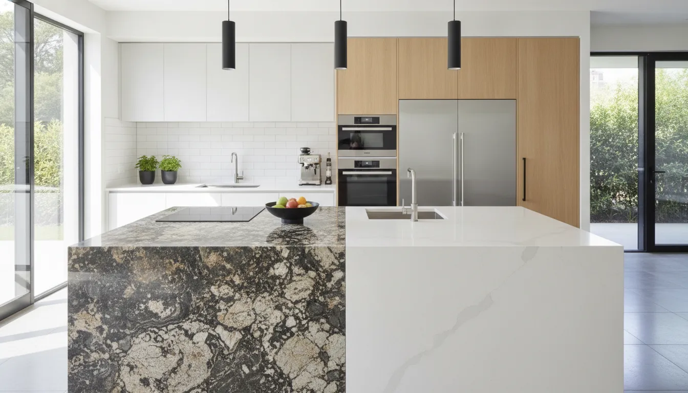 Modern kitchen with both granite and quartz countertop samples displayed for comparison