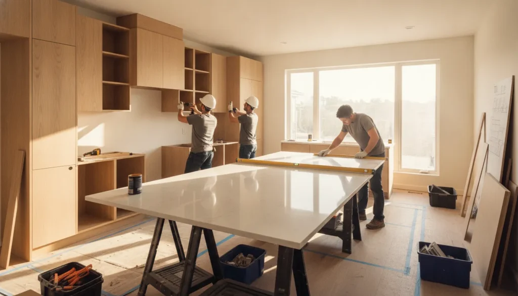 Modern kitchen under construction with custom cabinetry installation in a bright San Diego home