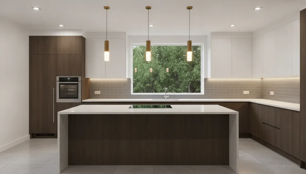 Modern kitchen with beautiful pendant lighting and under-cabinet LEDs