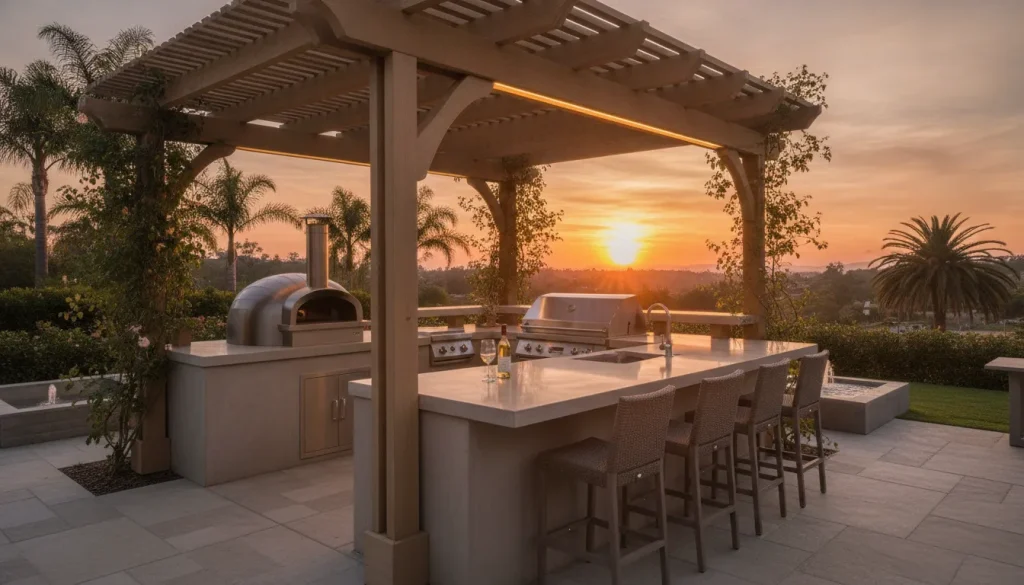 Custom outdoor kitchen with built-in grill and pergola in San Diego