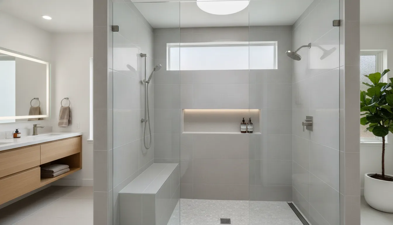 Modern walk-in shower with frameless glass door in a San Diego bathroom remodel