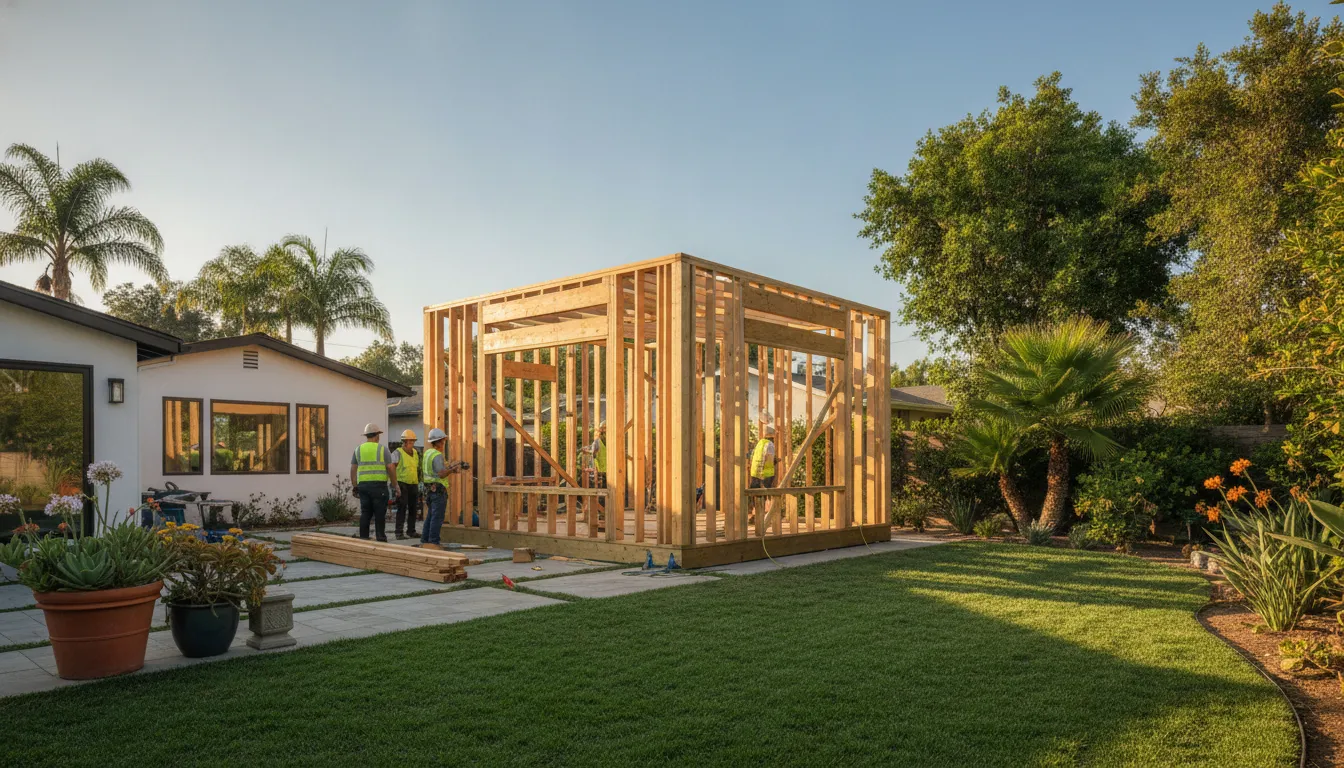 Modern accessory dwelling unit under construction in a San Diego backyard