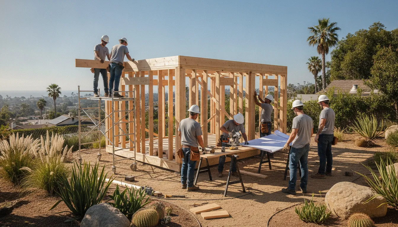 Construction crew framing a modern accessory dwelling unit in a sunny San Diego backyard