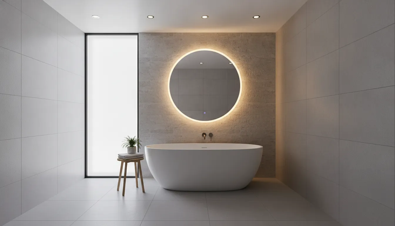 Bright vanity and recessed lighting in a modern remodeled bathroom