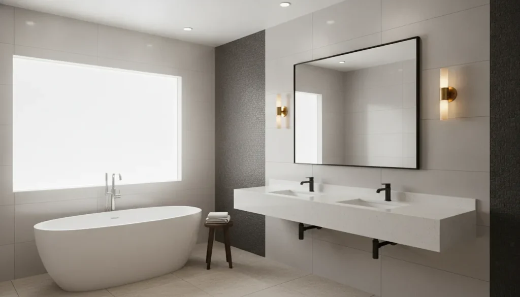 Modern bathroom with layered lighting design including wall sconces, recessed ceiling lights, and natural light through a window