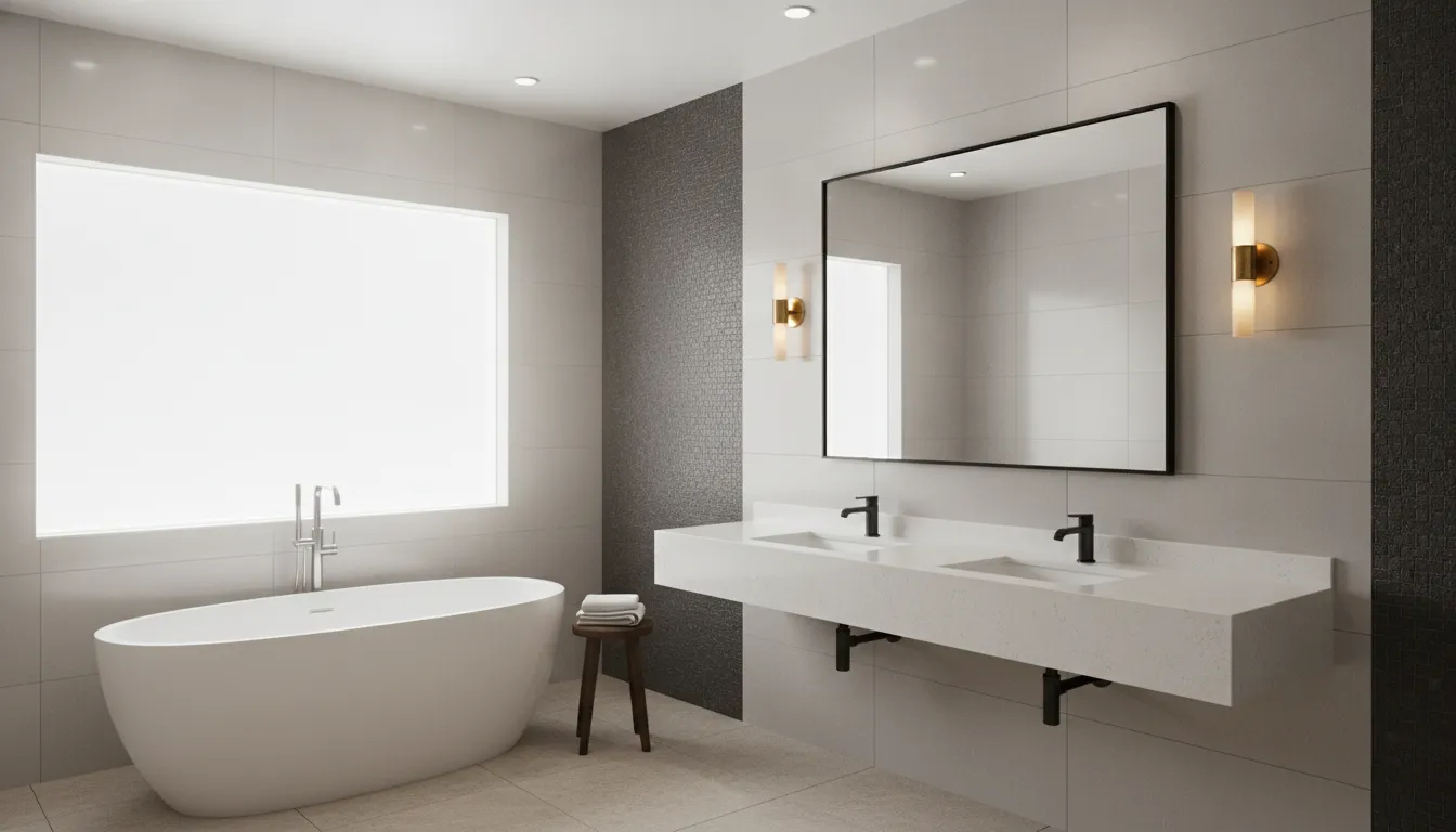 Modern bathroom with layered lighting design including wall sconces, recessed ceiling lights, and natural light through a window
