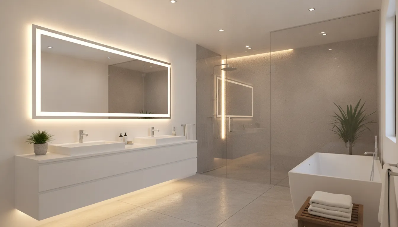 Bright modern master bathroom with a backlit vanity mirror, recessed ceiling lights, and soft accent lighting