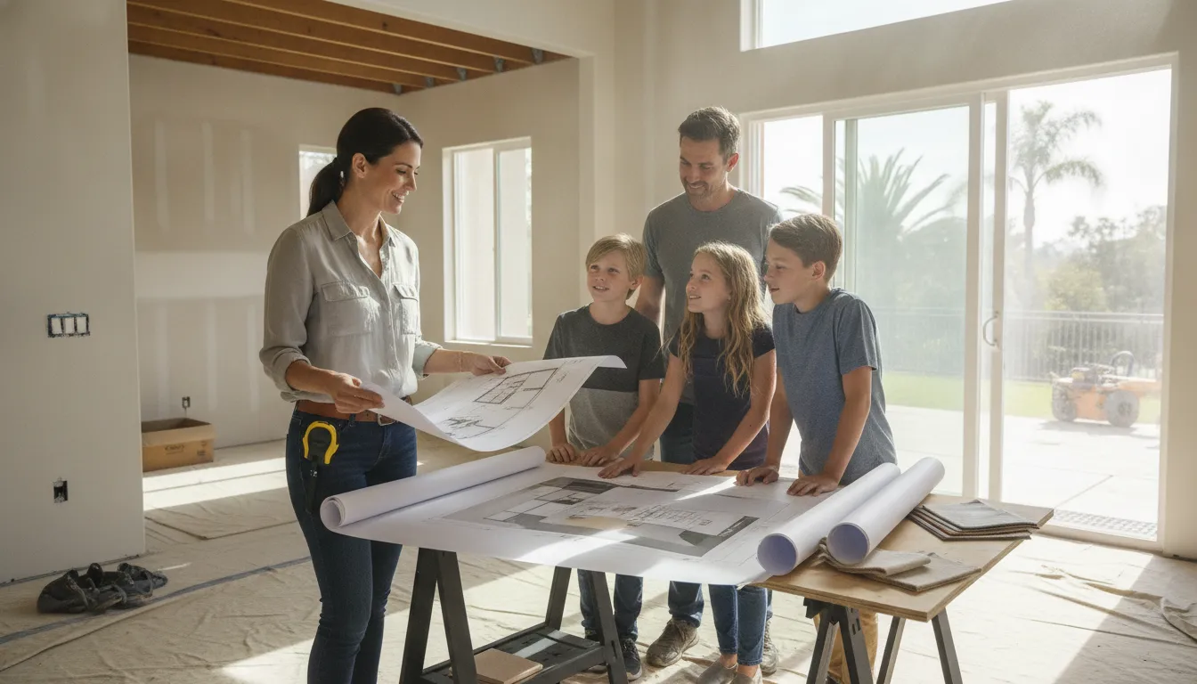 Homeowner and design-build contractor reviewing whole home remodel plans in San Diego