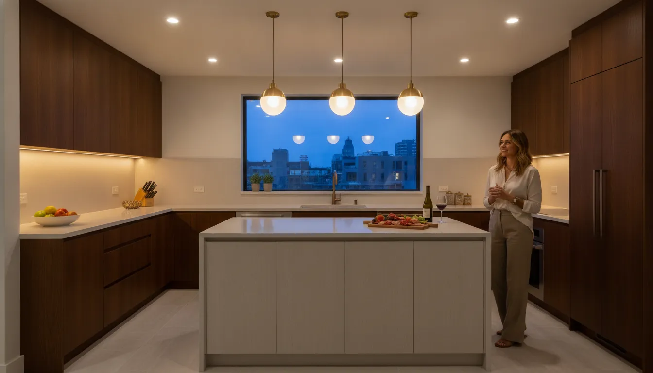 Modern remodeled kitchen with layered ambient, task, and pendant lighting at dusk