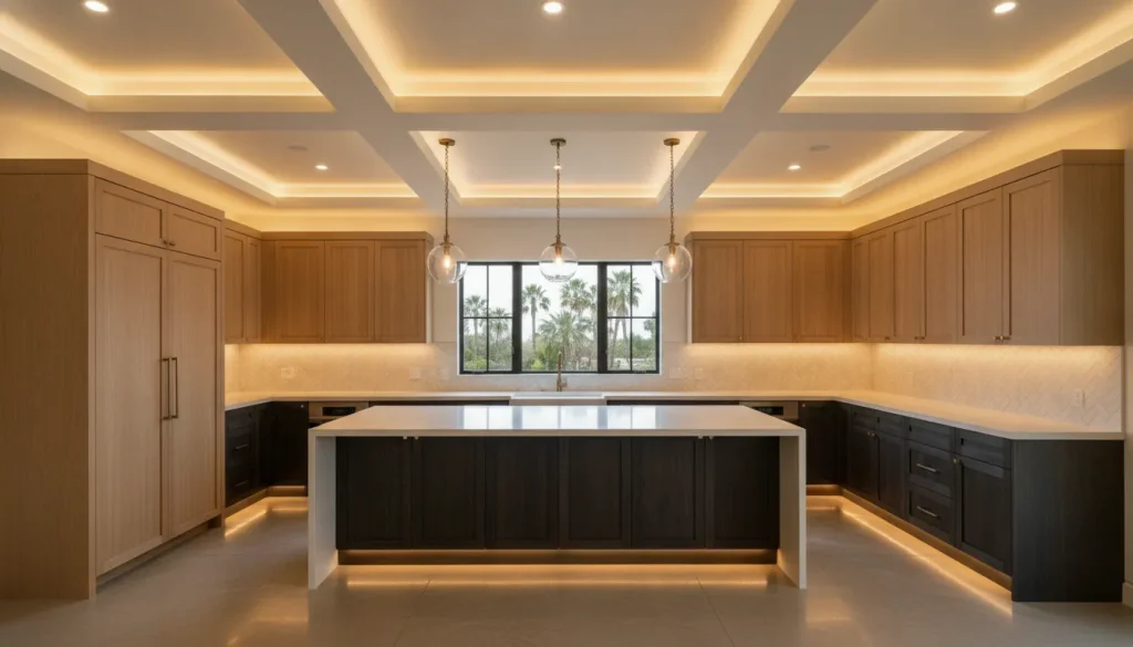 Kitchen lighting design with layered ambient, task, accent, and pendant lighting