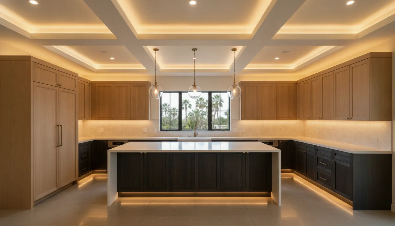 Kitchen lighting design with layered ambient, task, accent, and pendant lighting