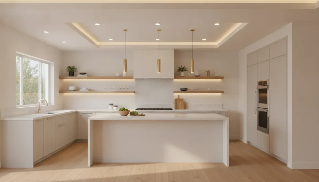 Kitchen lighting design with layered ceiling, cabinet, and island lighting