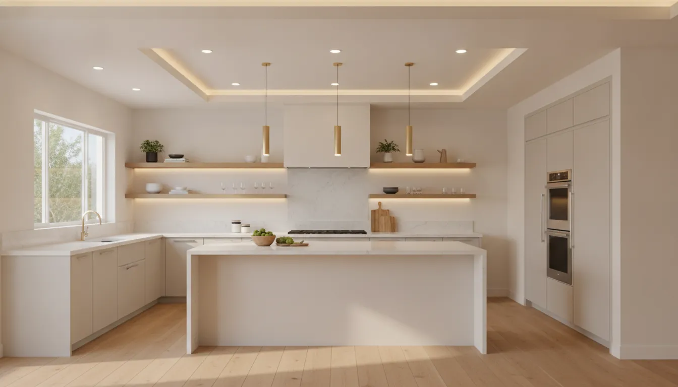 Kitchen lighting design with layered ceiling, cabinet, and island lighting