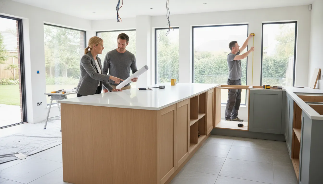 Homebuilder and designer reviewing a modern kitchen remodel in progress with new cabinetry and an island