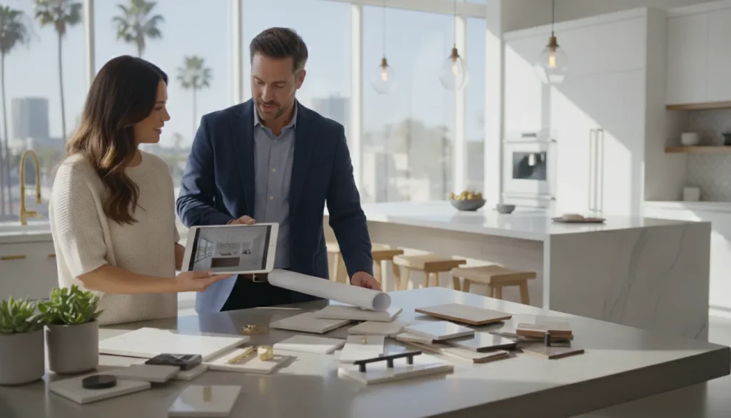 Designer and homeowner reviewing kitchen renovation plans at a table with material samples