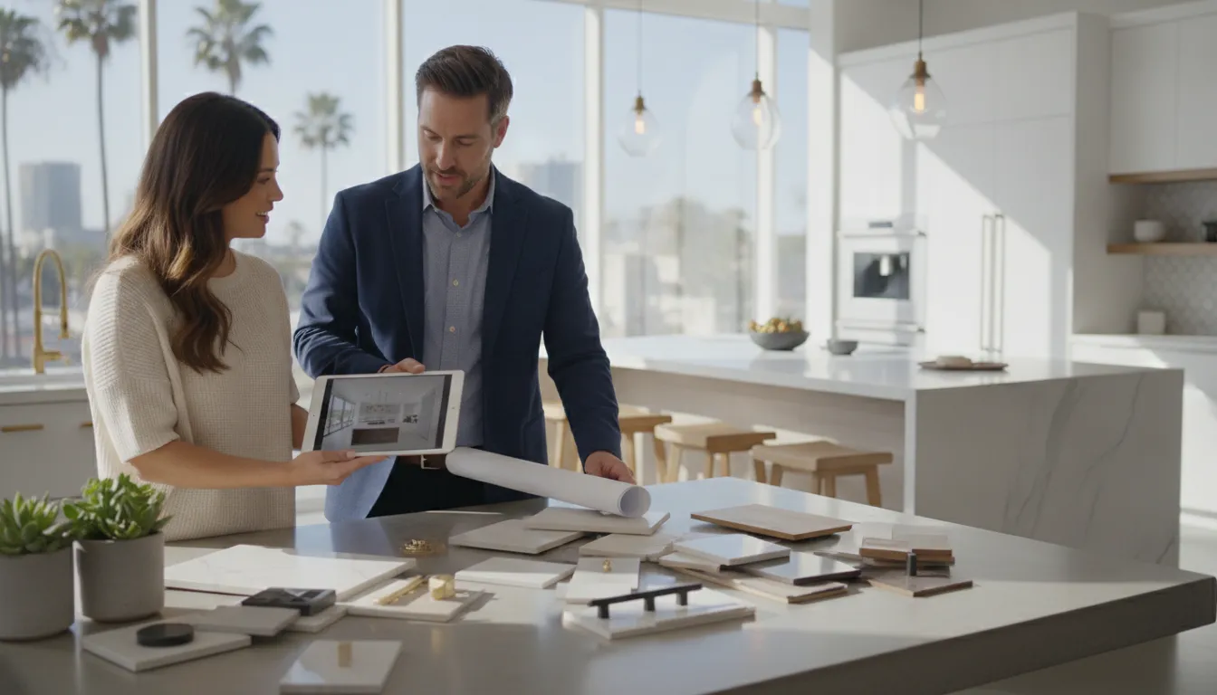 Designer and homeowner reviewing kitchen renovation plans at a table with material samples