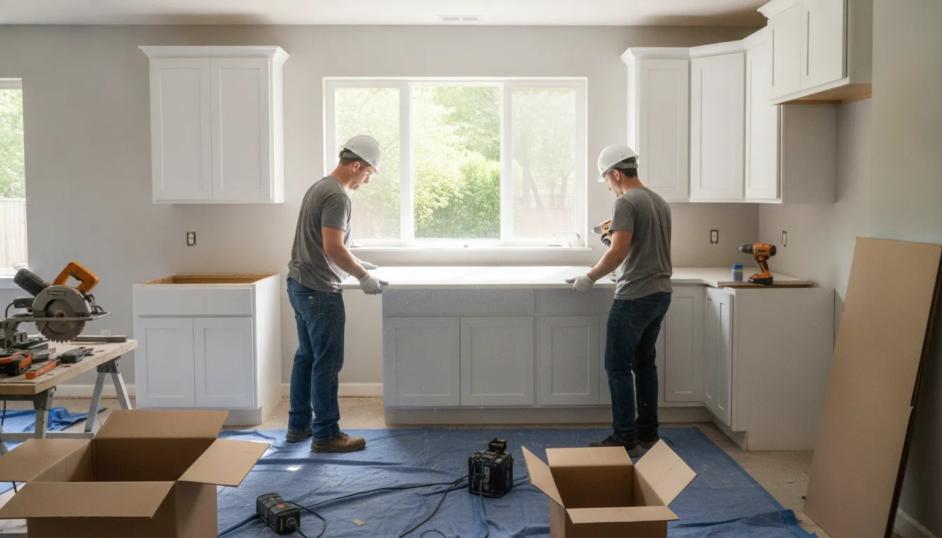 Modern white kitchen remodel under construction with new cabinetry and countertops being installed