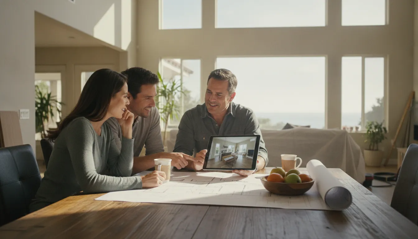 San Diego couple reviewing renovation plans with a remodeling contractor in a bright open-concept home