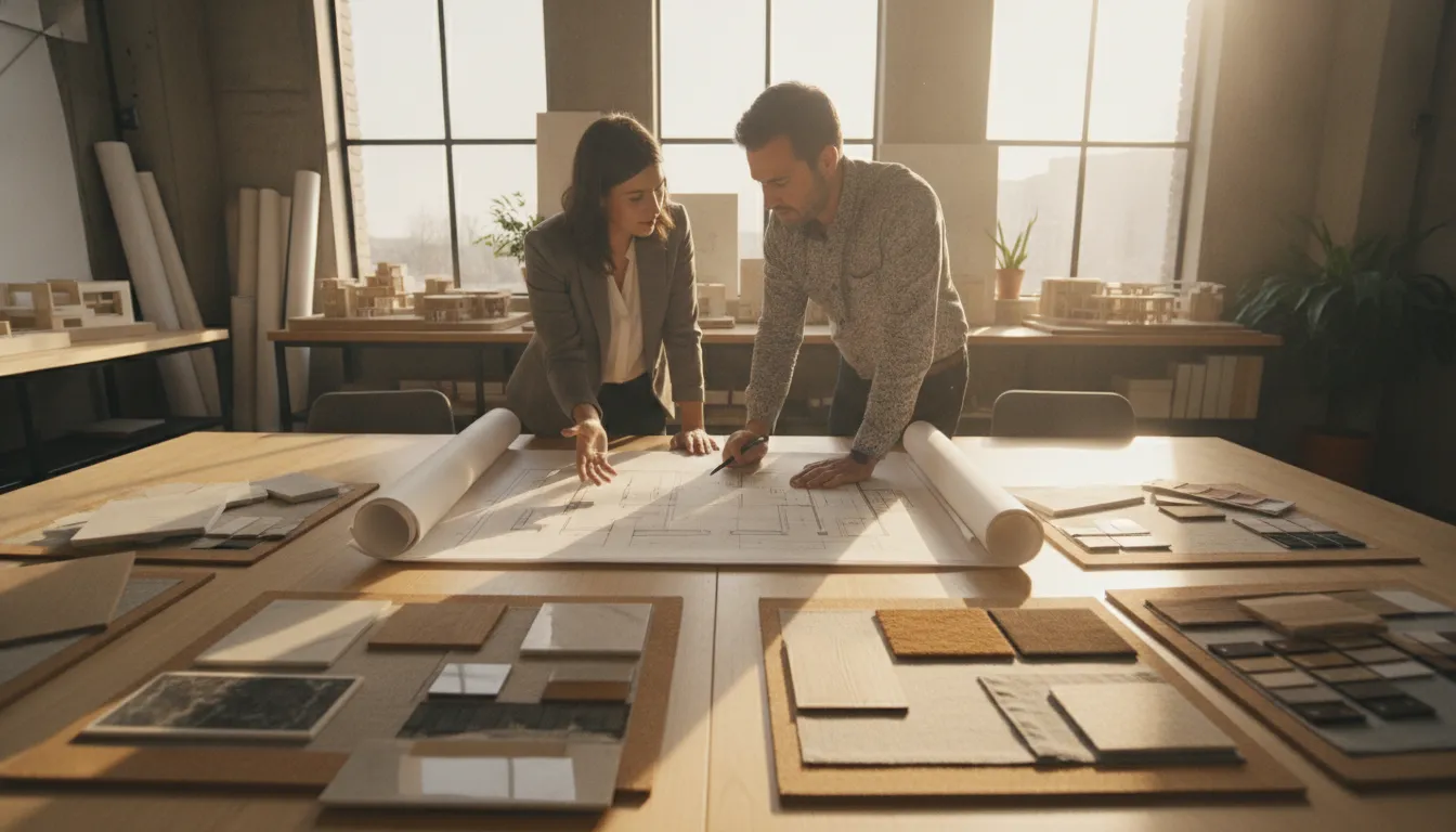 Designer and homeowner planning a whole home remodel with material samples and floor plans