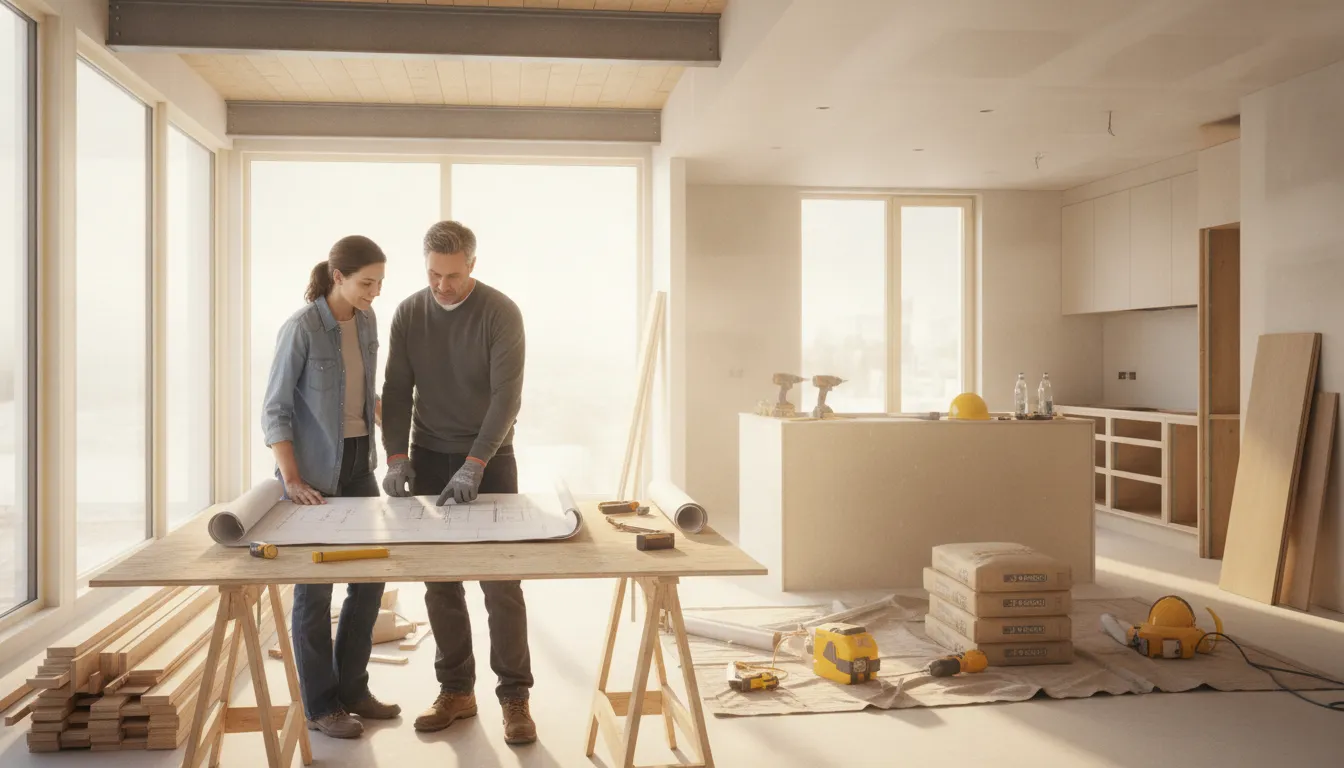 Homeowner and contractor reviewing whole home remodel blueprints in a bright space