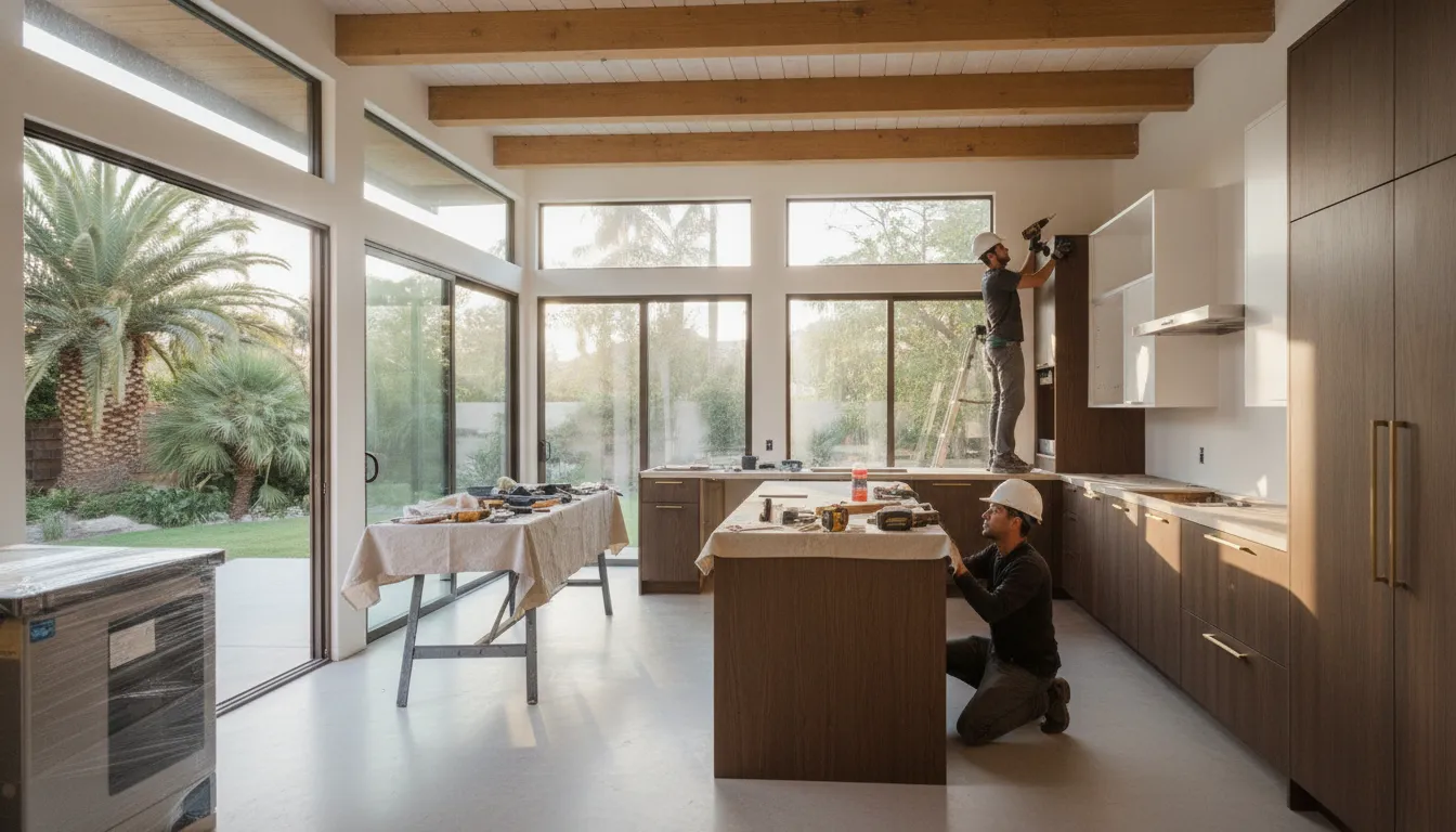 Modern kitchen under renovation with custom cabinetry installation in a San Diego home