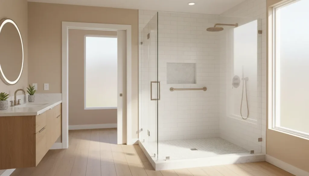 Modern accessible bathroom with a curbless shower and grab bars