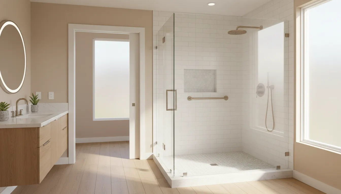 Modern accessible bathroom with a curbless shower and grab bars
